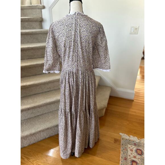 Vintage Purple Ditzy Floral Lace Scallop Collar Tiered Drop Waist Maxi Dress - Picture 8 of 9